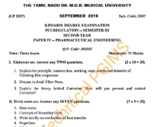 BP304T Pharmaceutical Engineering Supple (MGR University) 3rd Semester B.Pharmacy Previous Year's Question Paper,BP304T Pharmaceutical Engineering,BPharmacy,Previous Year's Question Papers,BPharm 3rd Semester,The Tamil Nadu Dr MGR Medical University (MGR),