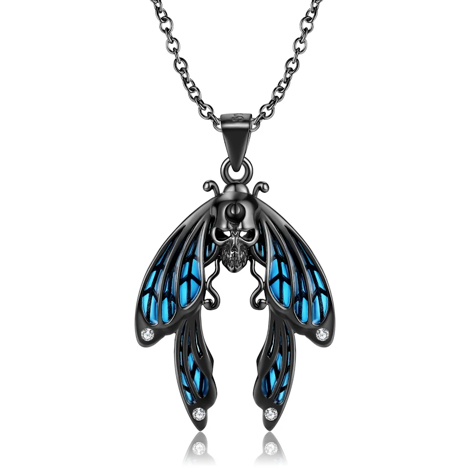 Collier cigale bleu design original argent sterling S925 plaqué or noir style sombre, un accessoire unique et élégant pour femmes.