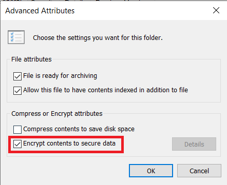最後に、[属性の圧縮または暗号化]セクションの[データを保護するためにコンテンツを暗号化する]オプションをオンにします