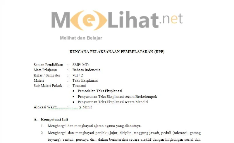 RPP (BI) Bahasa Indonesia SMP-MTs Kurikulum 2013 Kelas VII-7 Terbaru