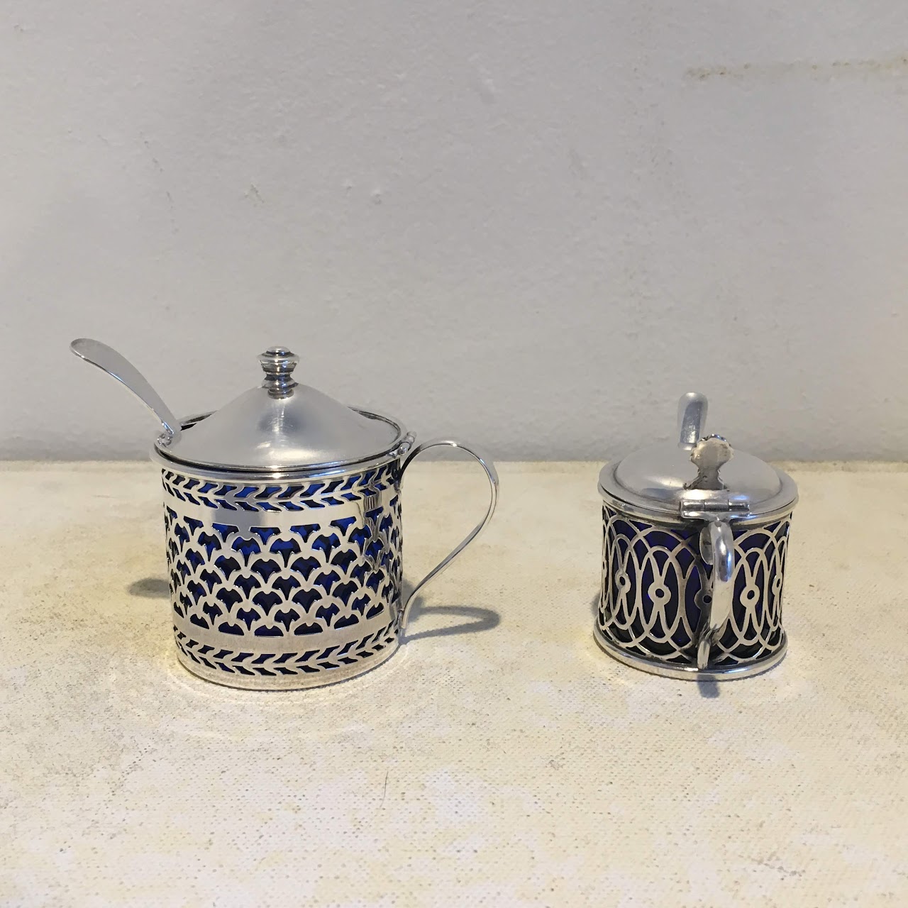 Sterling & Cobalt Glass Salt & Pepper Cellars