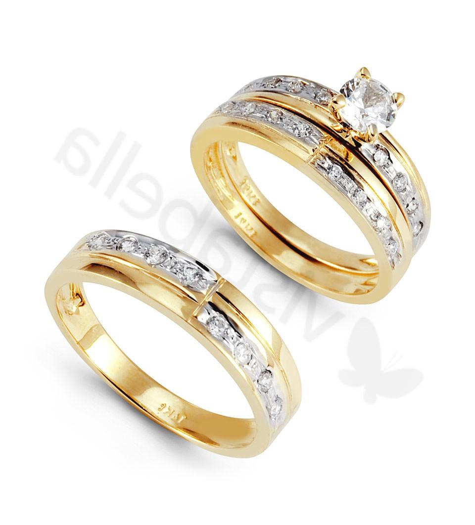 14k Two Tone Half and Half Band CZ Wedding Ring Trio - Trio Sets - Bridal