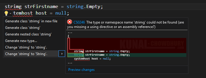 2. Visual Studio 2015 light bulb to correct spelling mistakes of type (www.kunal-chowdhury.com)