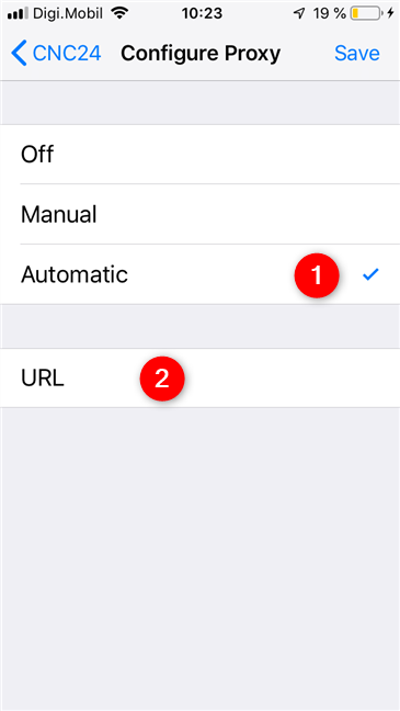 La configuración automática para el uso de un servidor proxy en iOS