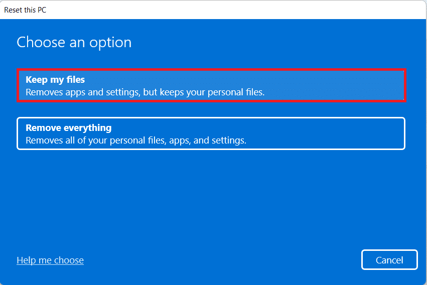 cliquez sur l'option Conserver mes fichiers dans la fenêtre de réinitialisation de ce PC