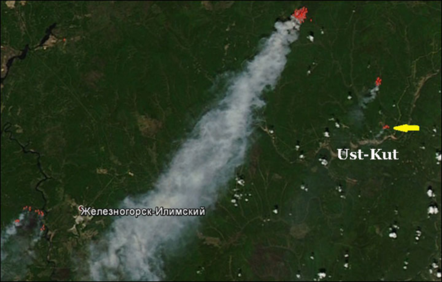 Satellite view of fires burning at the world's largest sawdust dump in the Ust-Kutsky district of Irkutsk region of Siberia in June 2016. Photo: LandSat / Greenpeace