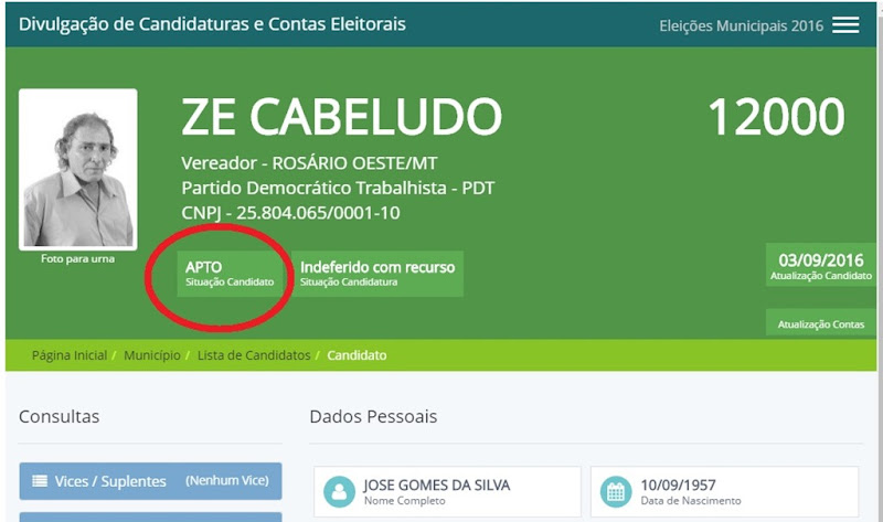 Candidato a vereador Zé Cabeludo é validado como candidato pelo TRE-MT