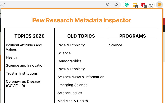 Pew Research Metadata Inspector chrome extension