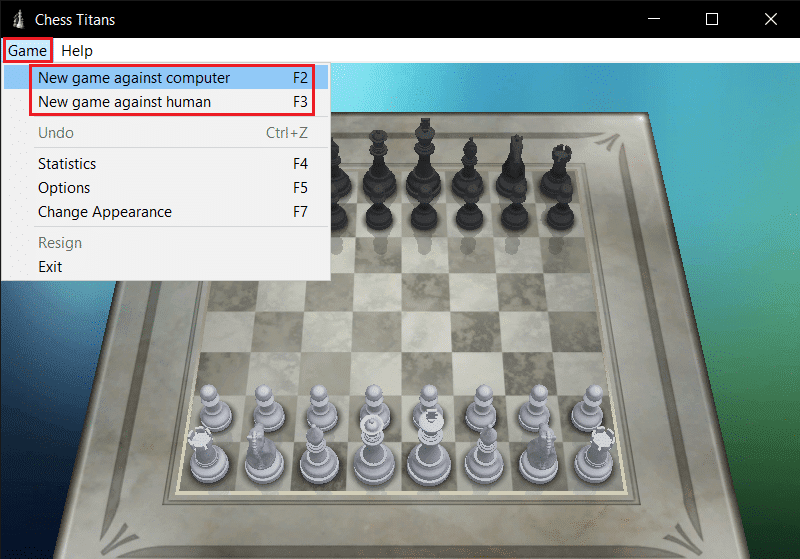 chọn trò chơi mới với máy tính hoặc con người trong menu thả xuống của trò chơi Chess Titans