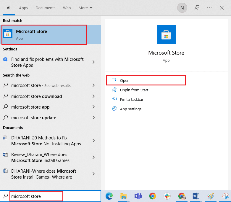 Wpisz Microsoft Store w menu wyszukiwania i kliknij Otwórz.  Napraw aparat używany przez inną aplikację w systemie Windows 10