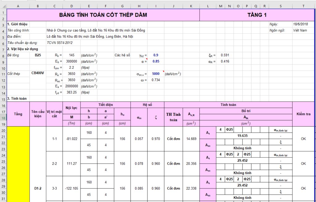 Bảng Excel tính toán thép dầm BTCT theo TCVN 5574-2018