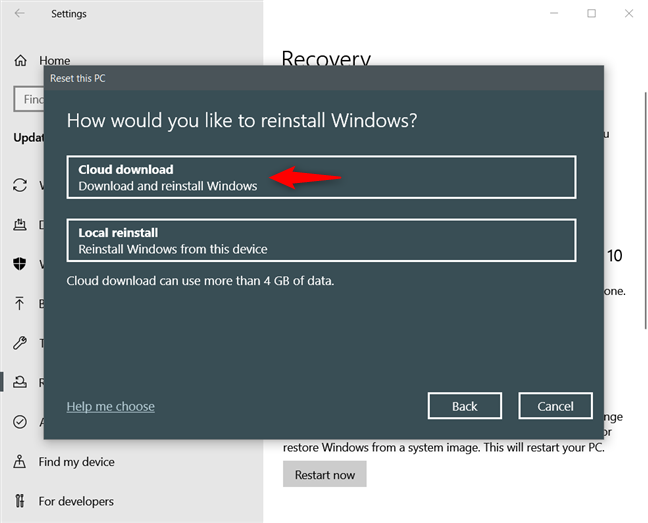 Windows 10 ha un nuovo "Download Cloud"  opzione di reinstallazione