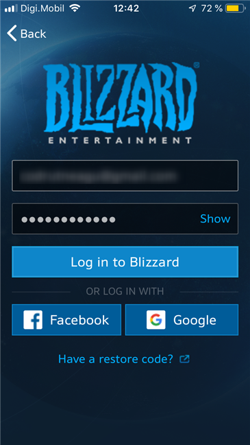 Kết nối với tài khoản Blizzard trong Blizzard Authenticator