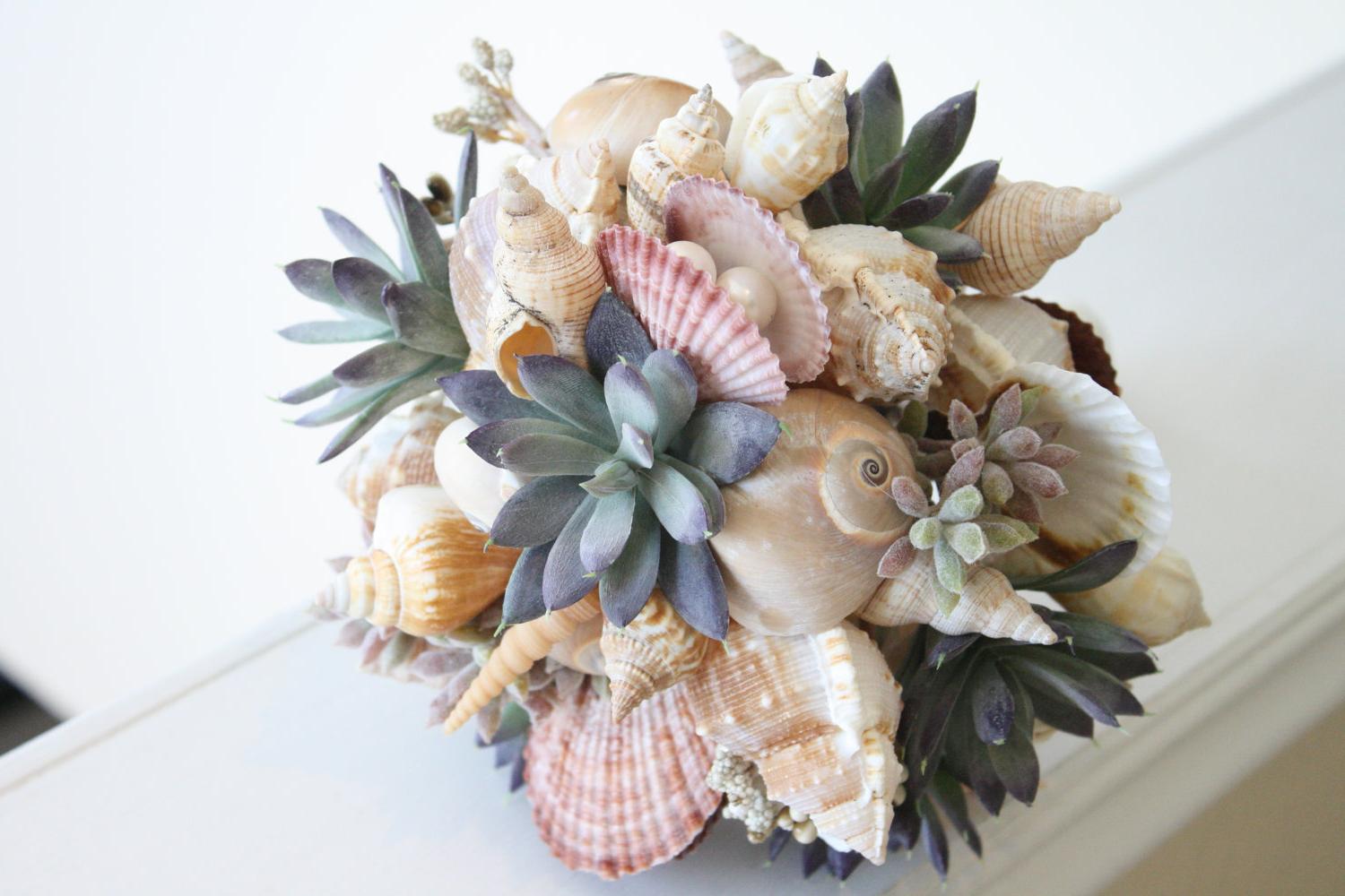 MERMAIDS DELIGHT.beach wedding bouquet and boutonniere set shell and