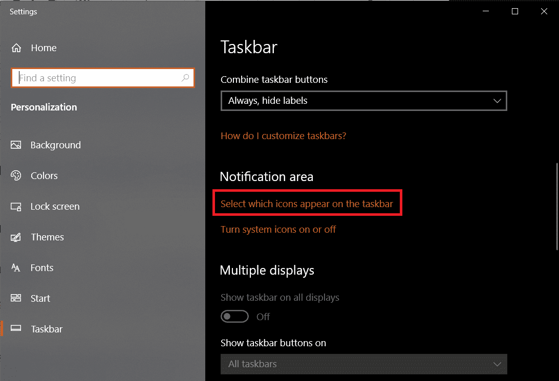 A continuación, regrese y haga clic en Seleccionar qué iconos aparecen en la barra de tareas.