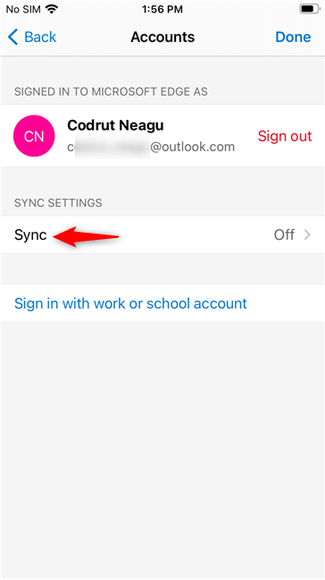 Selecting the Sync entry