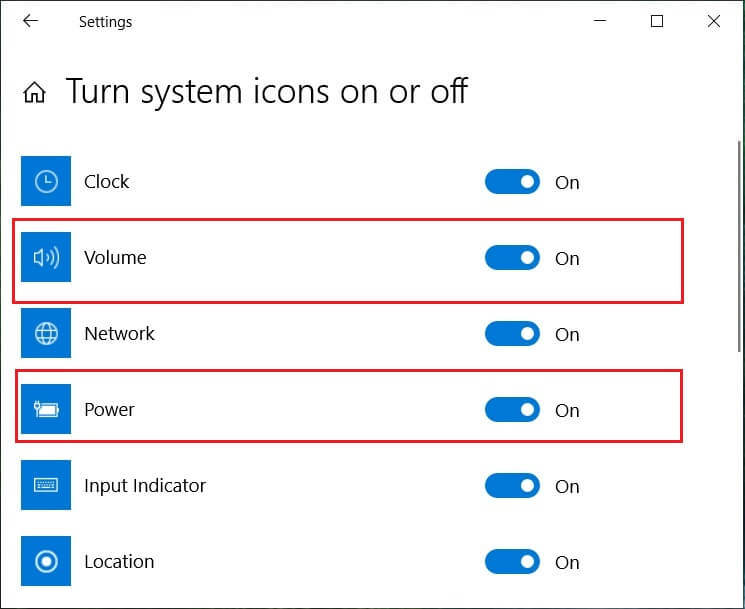 Busque los iconos de Encendido o Volumen y asegúrese de que ambos estén activados