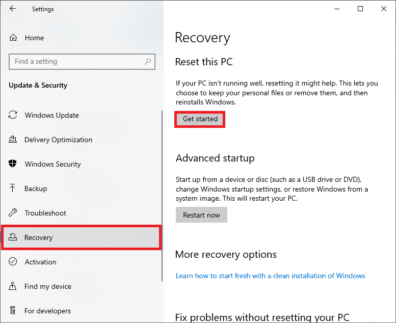 Ahora, seleccione la opción Recuperación en el panel izquierdo y haga clic en Comenzar en el panel derecho.  Arreglar win32kfull.sys BSOD en Windows 10