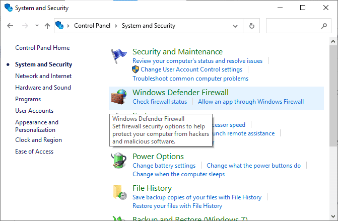 Teraz kliknij Zapora systemu Windows Defender.