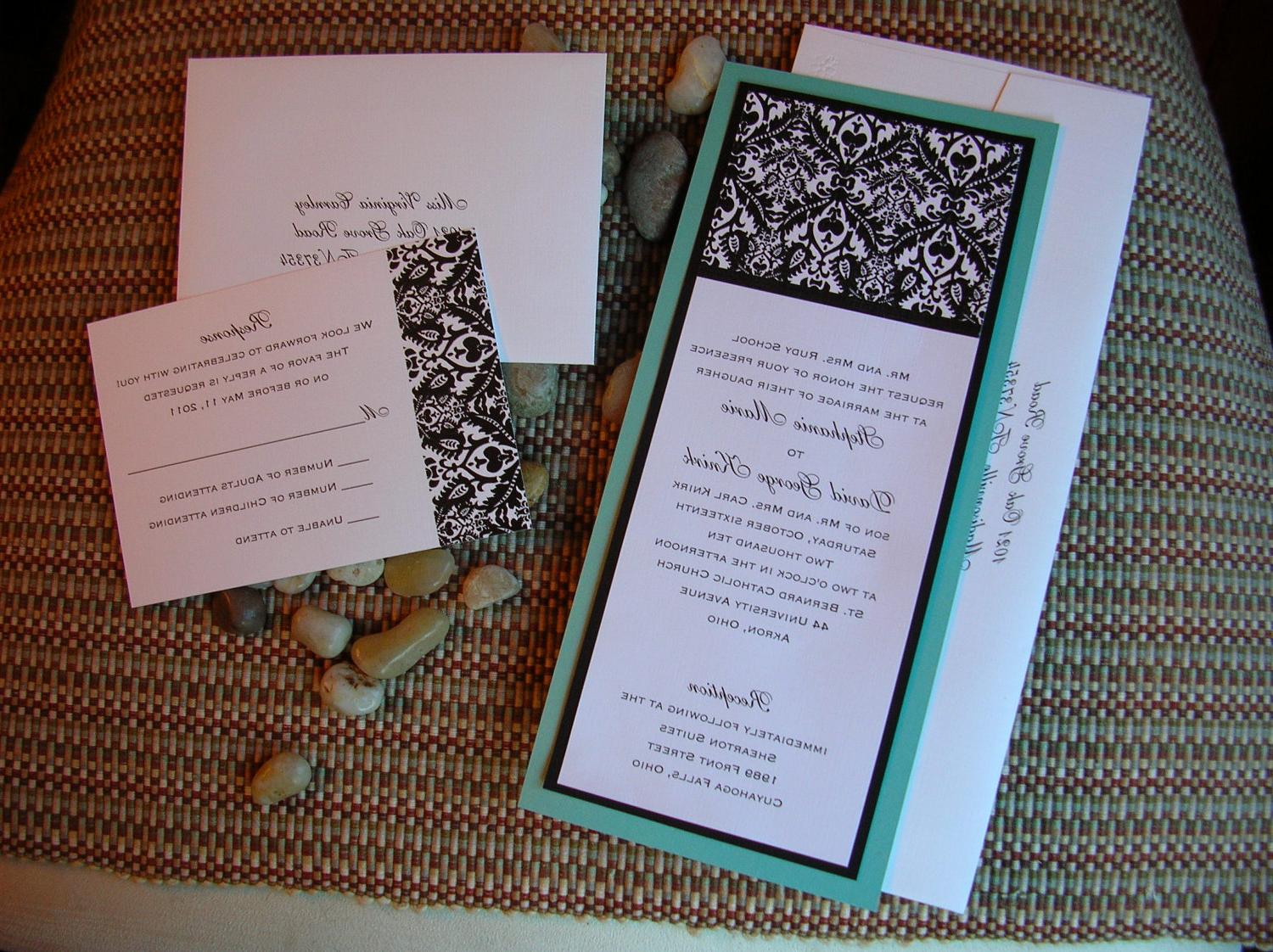 White and Tiffany Blue   Pool Blue Damask Wedding Invitation - Sample