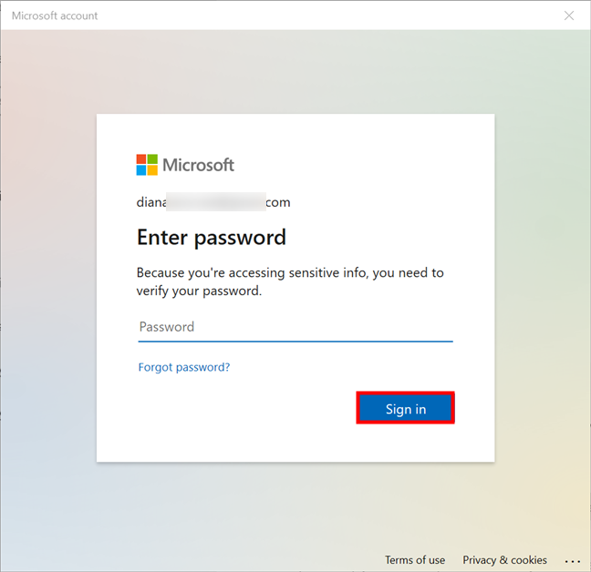 Inserisci la tua attuale password Microsoft per accedere