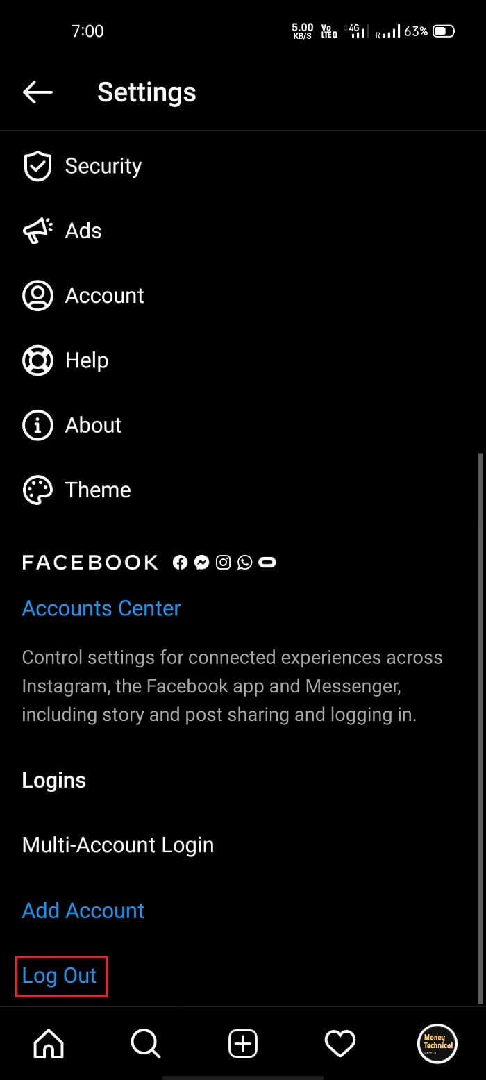 Nhấn vào cài đặt và sau đó nhấn vào tùy chọn Đăng xuất |  Khắc phục sự cố Instagram Music không hoạt động năm 2021