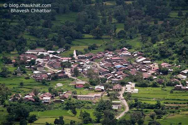 A small village visible from atop Singadh mountain near Pune City