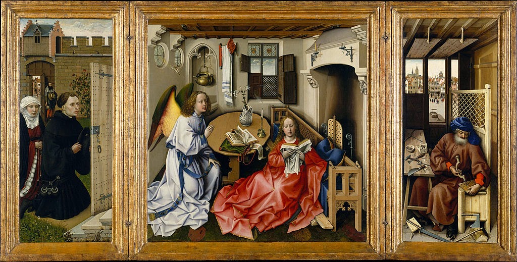 Robert Campin - Triptych with the Annunciation, known as the 'Merode Altarpiece' - Google Art Project