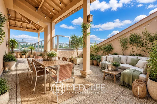Buy this luxury apartment in Lyon 9ème (69009) - Neighborhood Vaise-Rochecardon-Industrie - Terrace with seating area and dining table