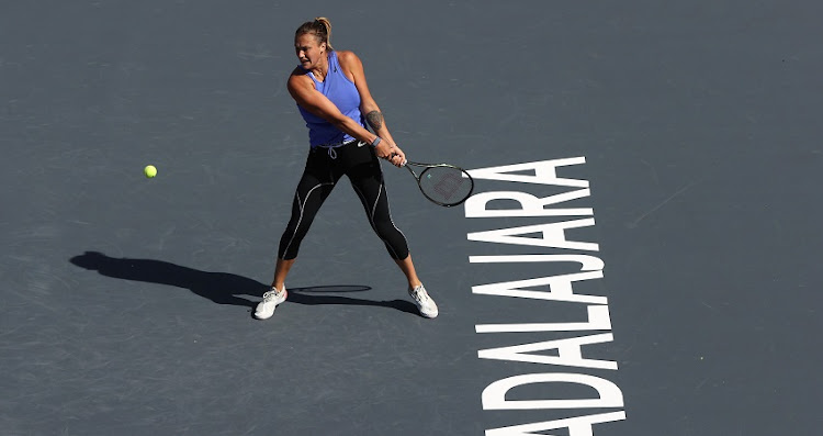 Aryna Sabalenka of Belarus plays a backhand during a practice session ahead of the beginning of the tournament at Centro Panamericano de Tenis on November 07, 2021 in Guadalajara, Mexico.