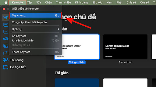 Chọn Keynote sau đó nhấn Tuỳ chọn