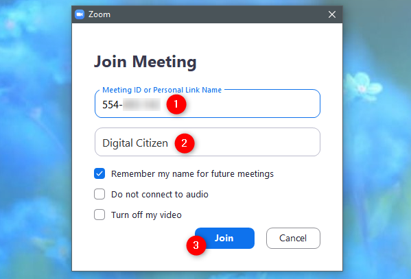 ZoomMeetingIDと名前を入力する