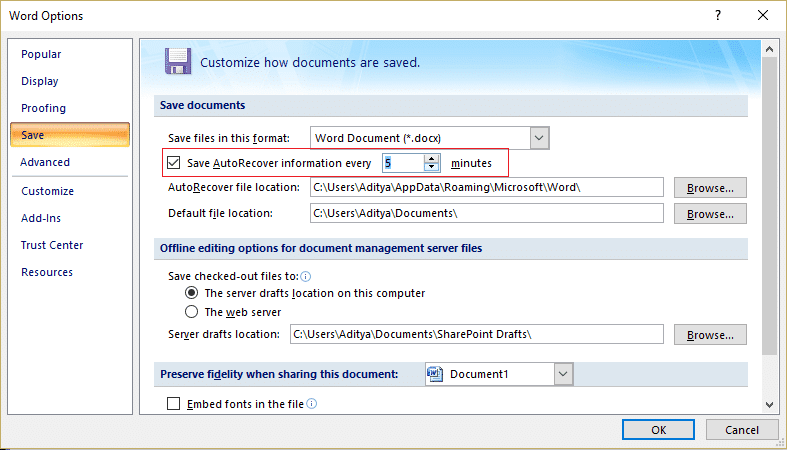 assurez-vous que Enregistrer les informations de récupération automatique chaque case est cochée