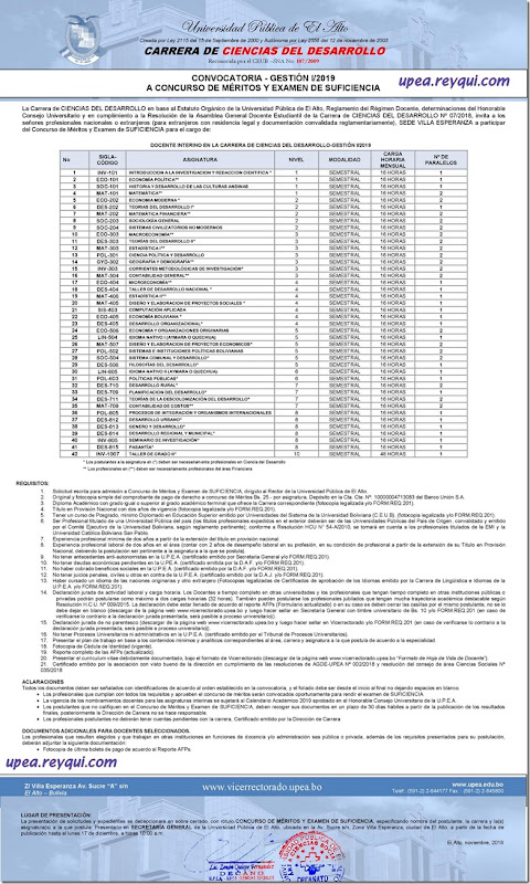Convocatorias para docentes UPEA 2019