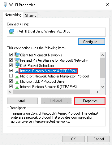 次に、[Wi-Fiのプロパティ]ウィンドウで、[インターネットプロトコルバージョン4]を選択し、[プロパティ]をクリックします。