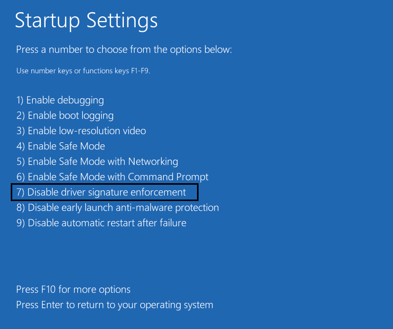 impostazioni di avvio selezionare 7 per disabilitare l'applicazione della firma del driver