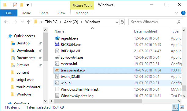 blank.icoまたはtransparent.icoをCドライブ内のWindowsフォルダーに移動します