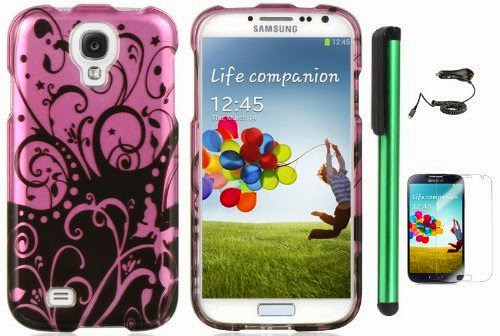  Samsung Galaxy S4 i9500 Combination - Premium Vivid Design Protector Hard Cover Case / Car Charger / Screen Protector Film / 1 of New Assorted Color Metal Stylus Touch Screen Pen (Purple Black Flower Vine Swirl)