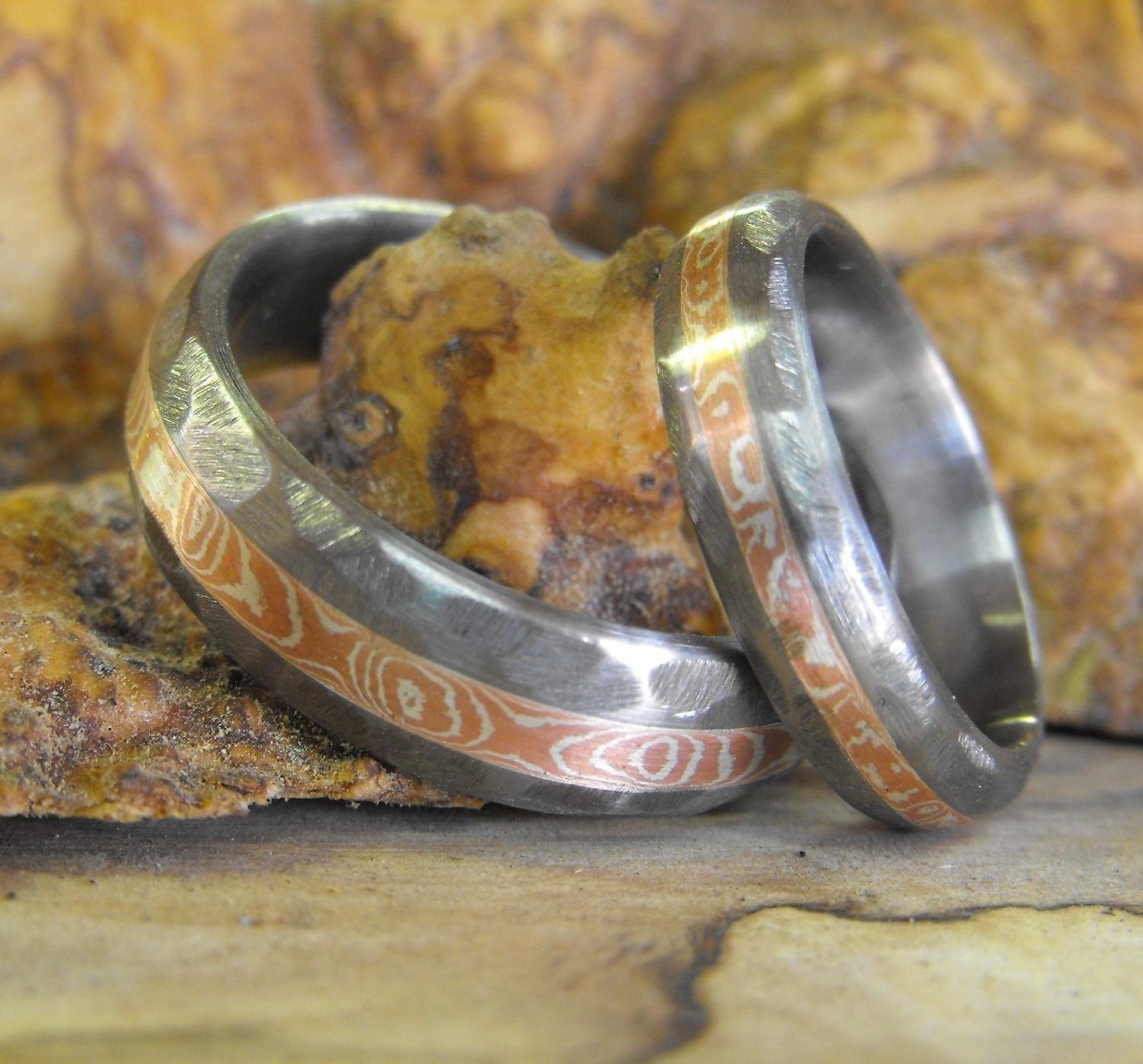 Rough Titanium and Mokume Wedding Band Set