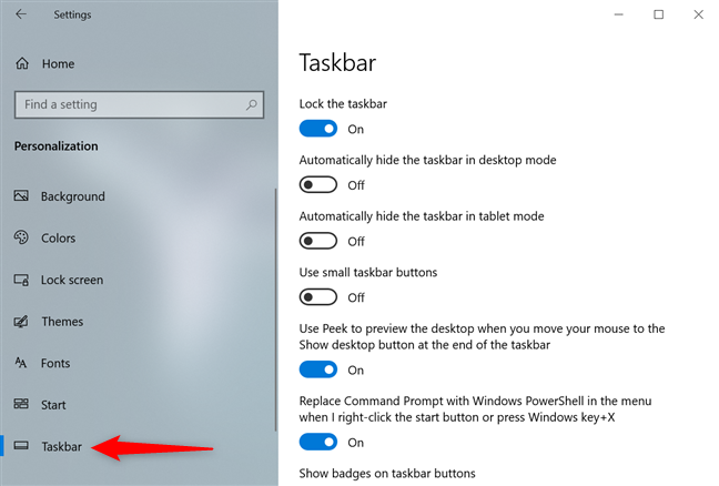 Seleccione la pestaña de la barra de tareas a la izquierda para ver la lista de configuraciones a la derecha