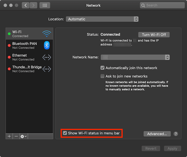 ทำเครื่องหมายที่ช่องเพื่อให้ไอคอน Wi-Fi ปรากฏในแถบเมนูของคุณ