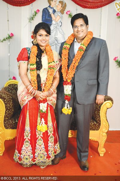 Y Vijaya's daughter Anushia and Roy Antony pose for the cameras during their wedding reception, held in Chennai.