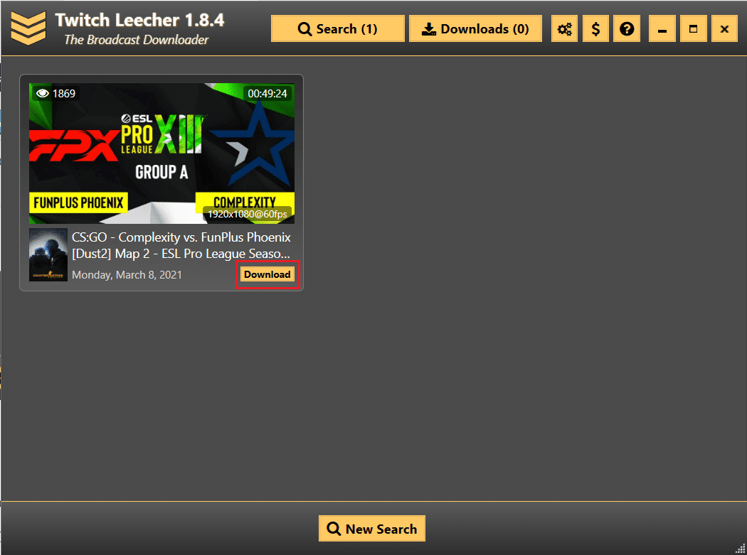 Haga clic en el botón de descarga en Twitch Leecher