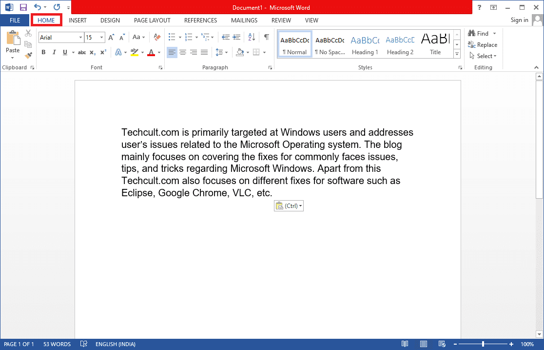 haga clic en el menú INICIO en Microsoft Word.  Cómo crear una sangría colgante en Word y Google Docs