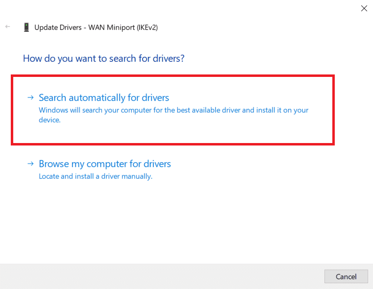 选择自动搜索驱动程序。 修复未找到 WiFi 网络 Windows 10