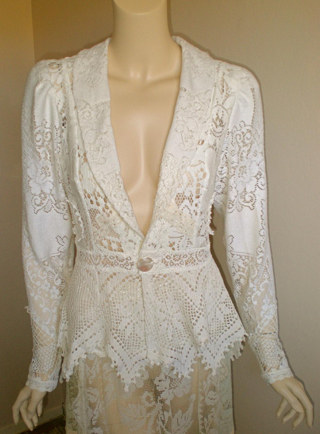 Vtg CROCHET Fringe Sheer Lace Jacket Hippie Wedding Dress ooak S-M