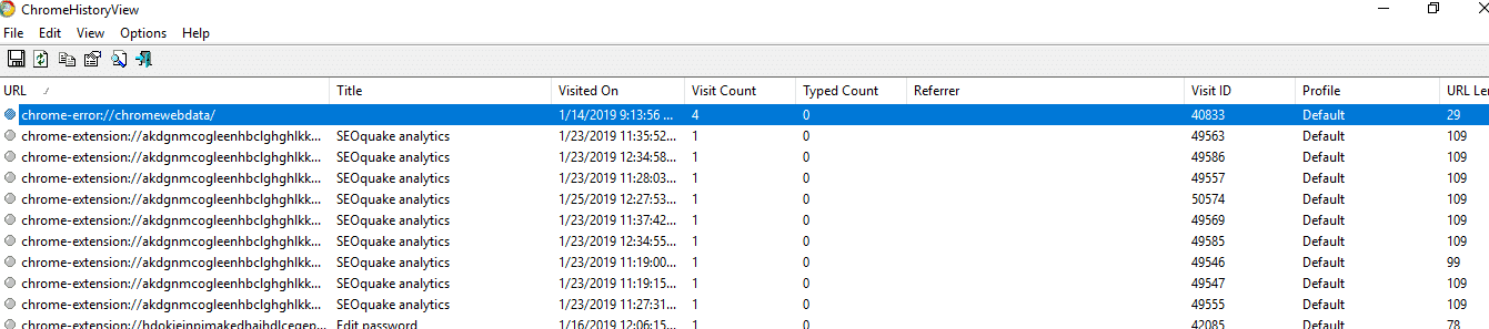 Una vez que ejecuta la herramienta ChromeHistoryView, puede ver una lista completa de su historial de navegación