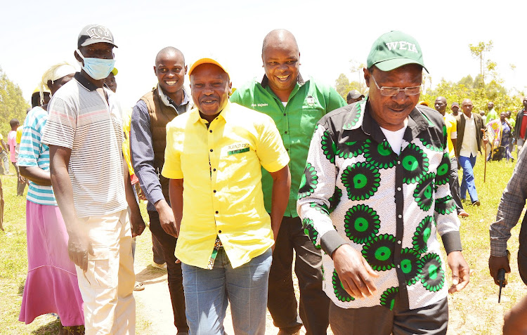 Tharaka Nithi Senator Kithure Kindiki, MP Majimbo Kalasinga and Moses Wetang'ula in Shinoyi, Kakamega on Friday