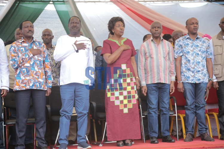 Wiper leader Kalonzo Musyoka, ODM leader Raila Odinga, Kitui Governor Charity Ngilu, Makueni Governor Kivutha Kibwana and Makueni Senator Mutula Kilonzo Jr at the BBI forum in Kitui County on Saturday, February 1, 2020.