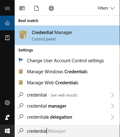 credentialと入力し、検索結果からCredentialManagerをクリックします